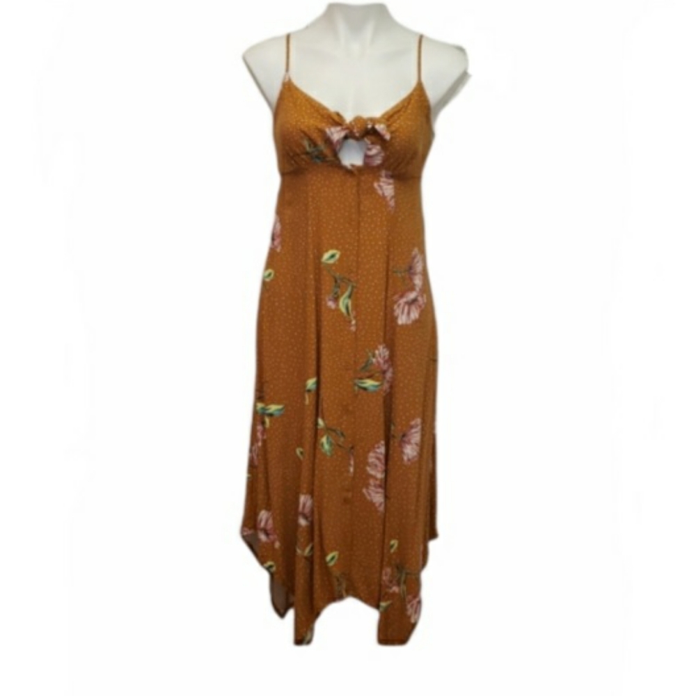 Floral Midi Knot Detail Dress Women's Small NWOT Mustard